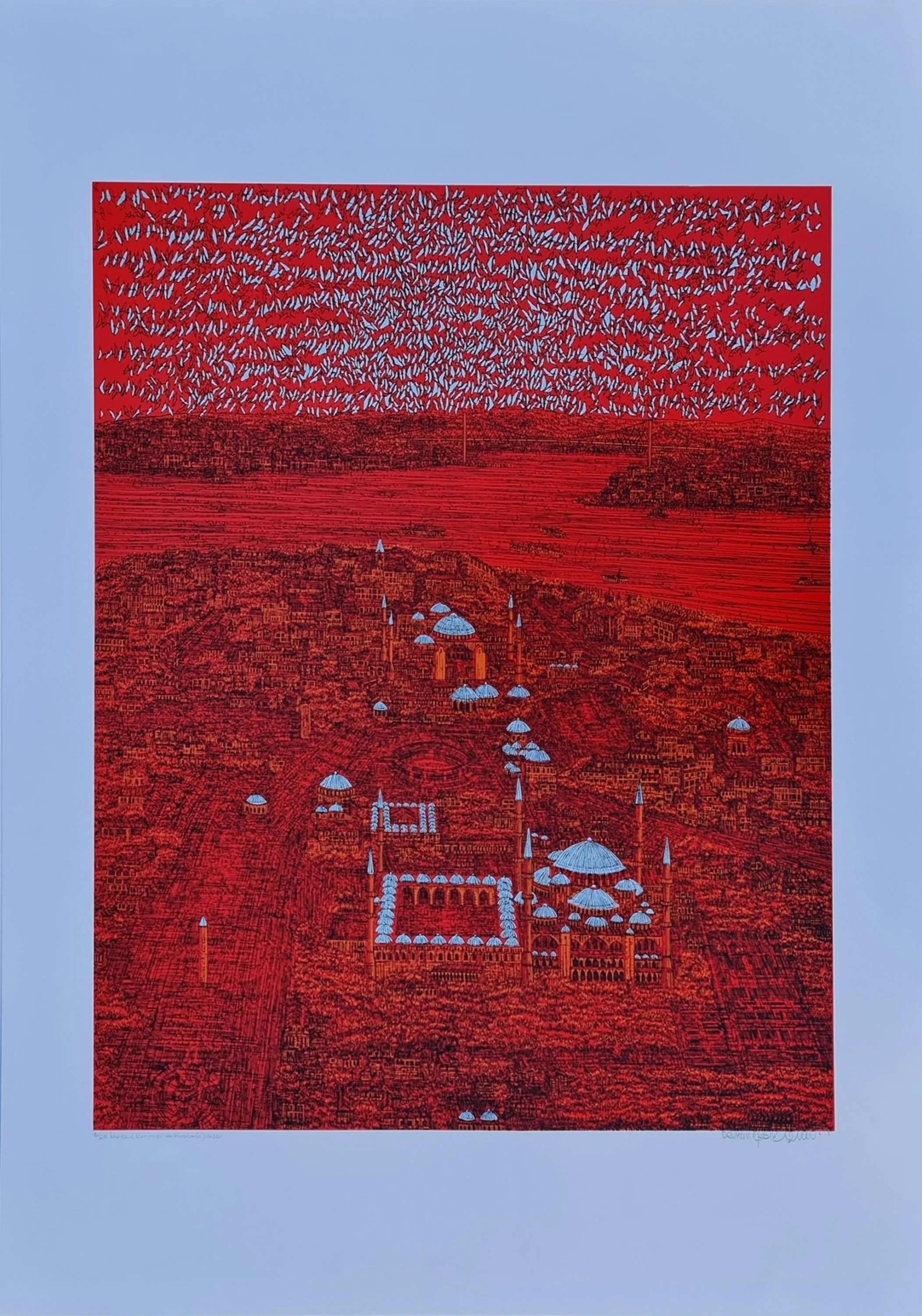 "İstanbul Kırmızı ve Kuşlar" eseri DEVRİM ERBİL tarafından 2022 yılında 100x70 cm ölçülerinde Serigrafi tekniği ile yapılmıştır.