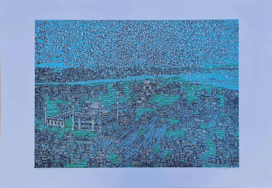yakınlaştır "İstanbul^da Kuşlar" eseri DEVRİM ERBİL tarafından 2022 yılında 70x100 cm ölçülerinde Serigrafi tekniği ile yapılmıştır.