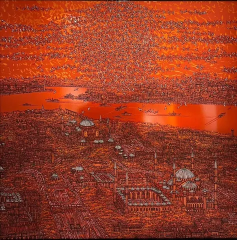"İstanbul, Kırmızı İzlenim" eseri DEVRİM ERBİL tarafından 2022 yılında 120x120 cm ölçülerinde Alüminyum üzerine Giclee baskı 1/1 Monoprint tekniği ile yapılmıştır.