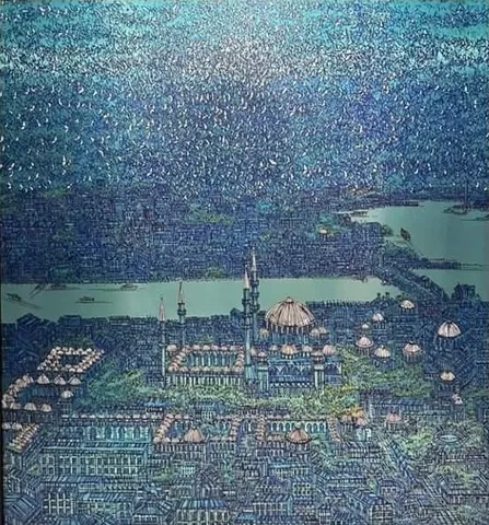"İstanbul, Mavi İzlenim" eseri DEVRİM ERBİL tarafından 2022 yılında 120x120 cm ölçülerinde Alüminyum üzerine Giclee baskı 1/1 Monoprint tekniği ile yapılmıştır.