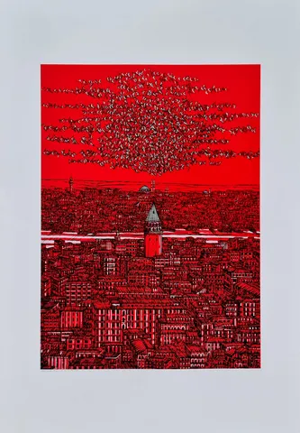 "İstanbul Galata ve Kuşlar (B)" eseri DEVRİM ERBİL tarafından 2024 yılında 100x70 cm ölçülerinde Serigrafi tekniği ile yapılmıştır.
