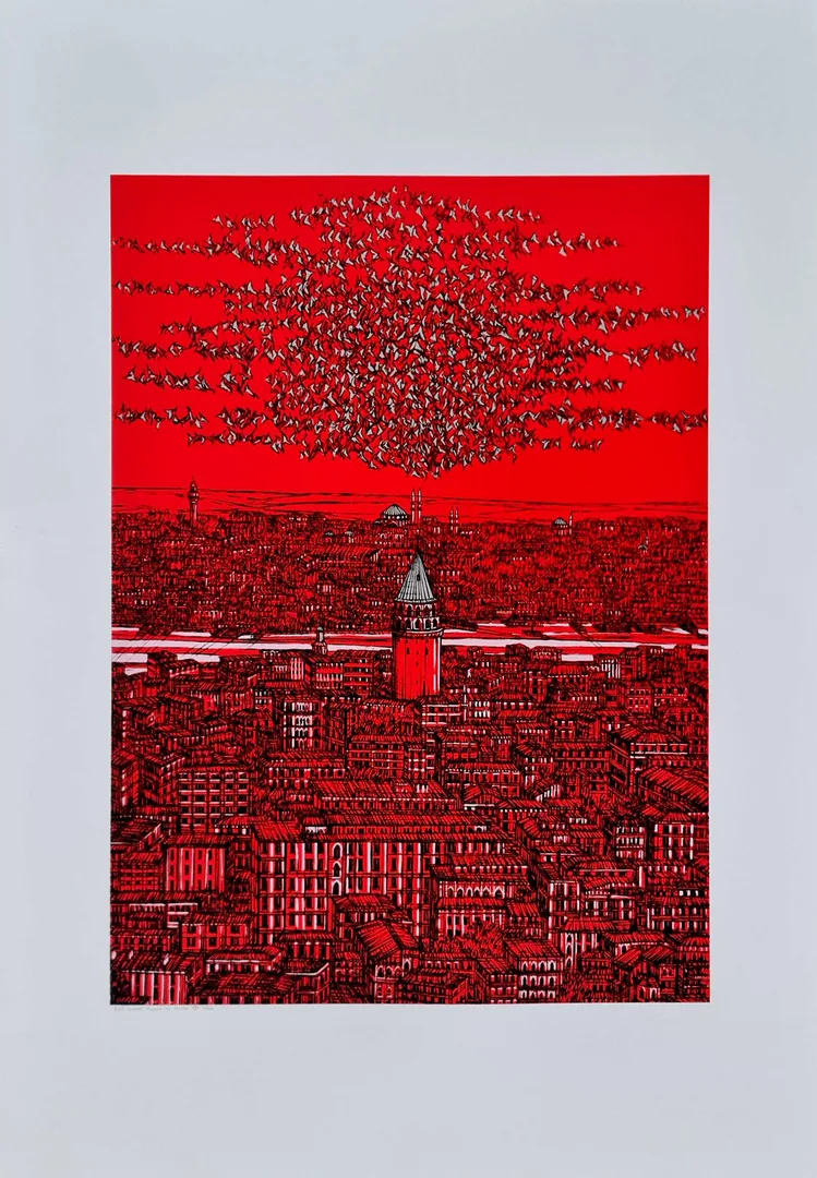 "İstanbul Galata ve Kuşlar (B)" eseri DEVRİM ERBİL tarafından 2024 yılında 100x70 cm ölçülerinde Serigrafi tekniği ile yapılmıştır.