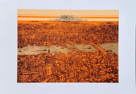 "İstanbul Galata ve Haliç (D)" eseri DEVRİM ERBİL tarafından 2023 yılında 70x100 cm ölçülerinde Serigrafi tekniği ile yapılmıştır.