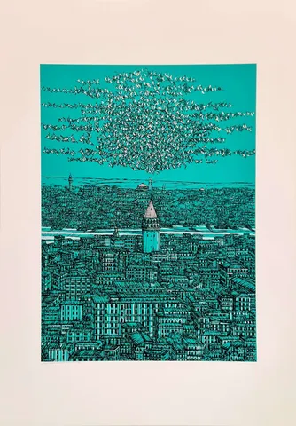 DEVRİM ERBİL — “İstanbul Galata ve Kuşlar (D)”, 2023 "İstanbul Galata ve Kuşlar (D)" eseri DEVRİM ERBİL tarafından 2023 yılında 100x70 cm ölçülerinde Serigrafi tekniği ile yapılmıştır.