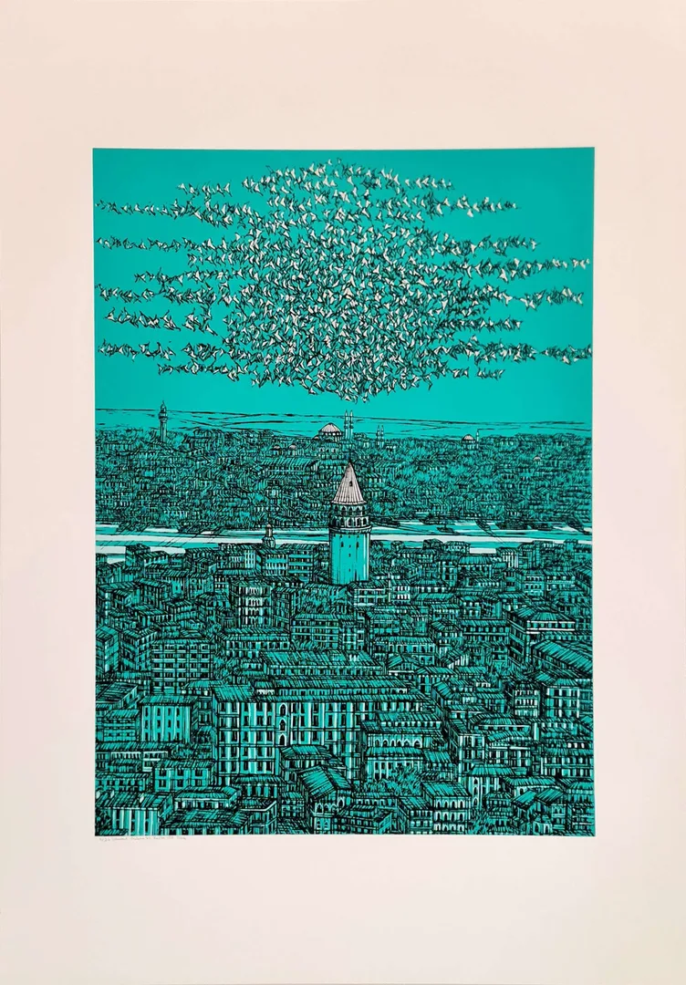 "İstanbul Galata ve Kuşlar (D)" eseri DEVRİM ERBİL tarafından 2023 yılında 100x70 cm ölçülerinde Serigrafi tekniği ile yapılmıştır.