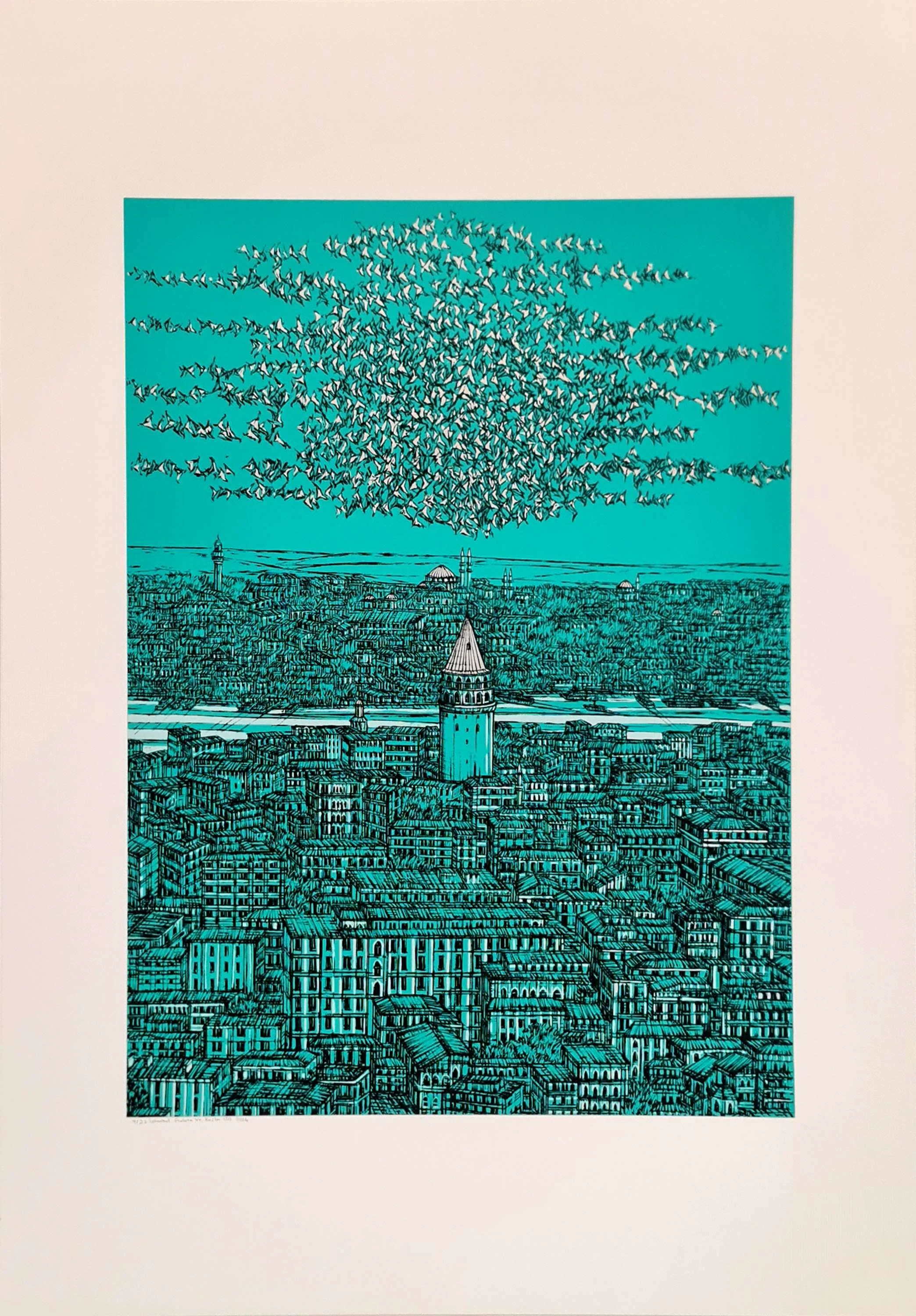 "İstanbul Galata ve Kuşlar (D)" eseri DEVRİM ERBİL tarafından 2023 yılında 100x70 cm ölçülerinde Serigrafi tekniği ile yapılmıştır.