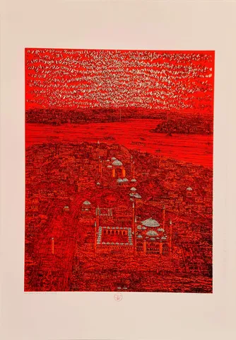 "İstanbul, kırmızı ve kuşlar (D)" eseri DEVRİM ERBİL tarafından 2023 yılında 100x70 cm ölçülerinde Serigrafi tekniği ile yapılmıştır.