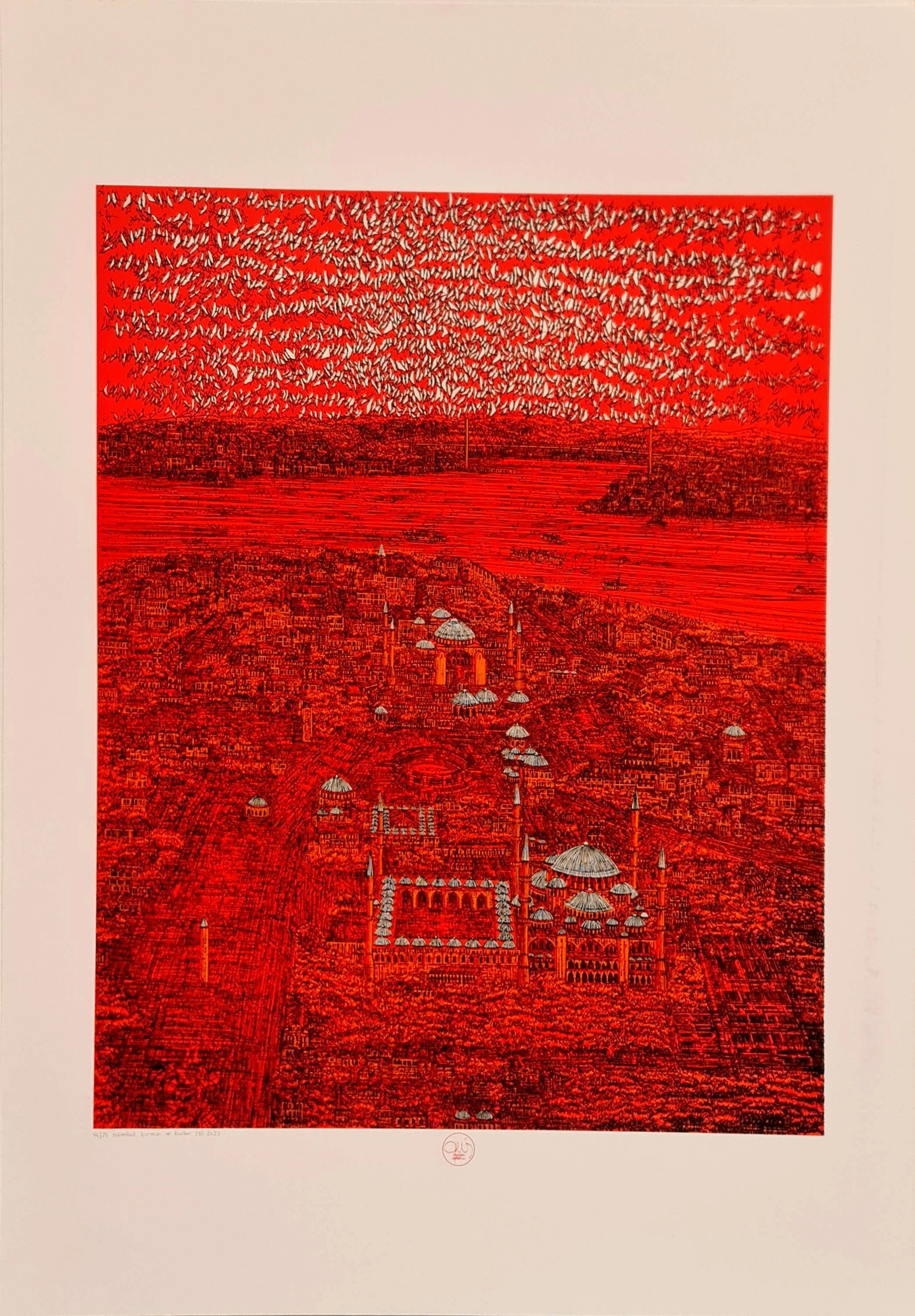 "İstanbul, kırmızı ve kuşlar (D)" eseri DEVRİM ERBİL tarafından 2023 yılında 100x70 cm ölçülerinde Serigrafi tekniği ile yapılmıştır.