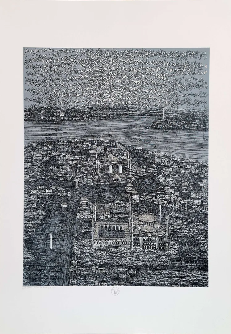 yakınlaştır "İstanbul, kırmızı ve kuşlar (F)" eseri DEVRİM ERBİL tarafından 2023 yılında 100x70 cm ölçülerinde Serigrafi tekniği ile yapılmıştır.