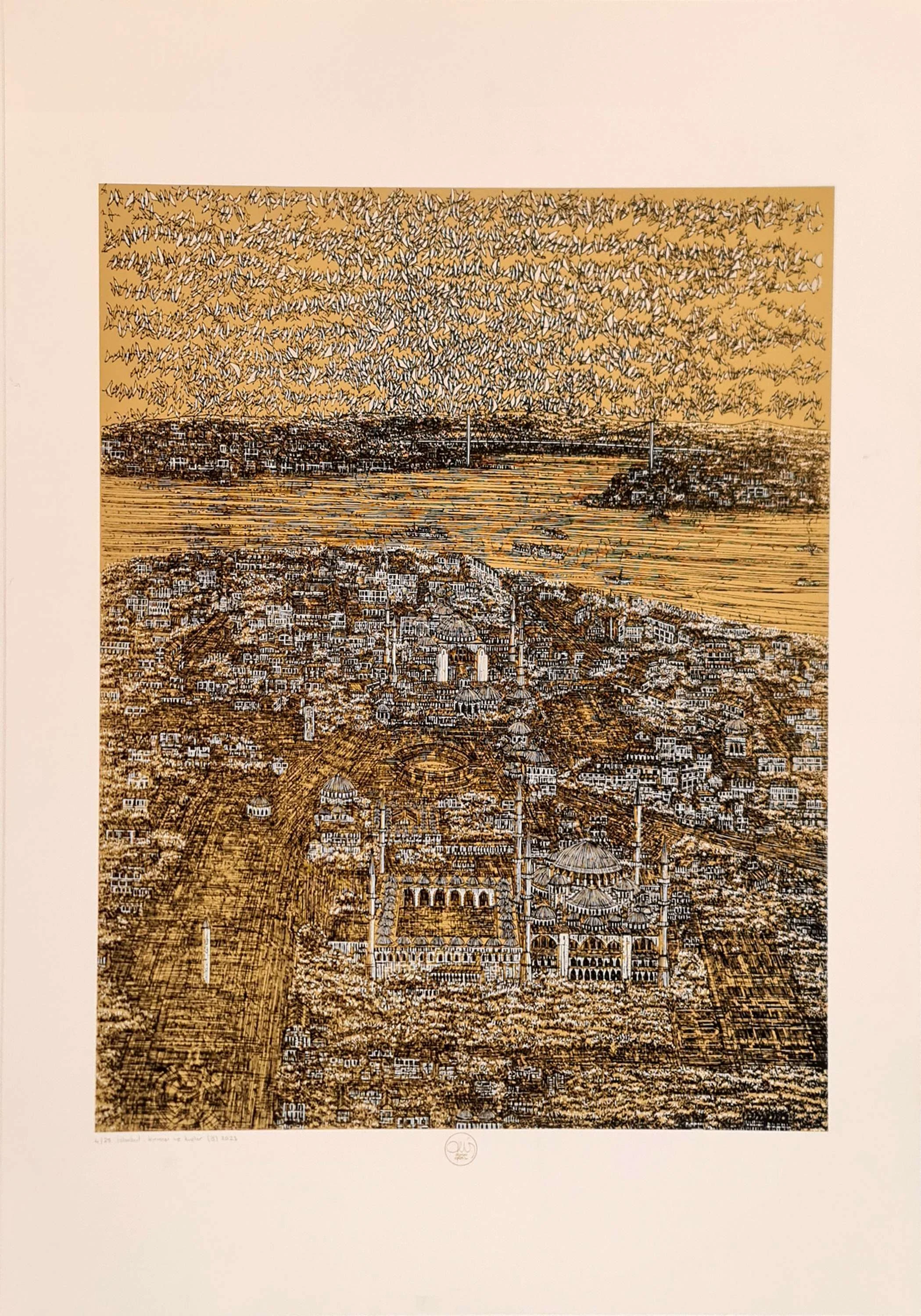 "İstanbul, kırmızı ve kuşlar (B)" eseri DEVRİM ERBİL tarafından 2023 yılında 100x70 cm ölçülerinde Serigrafi tekniği ile yapılmıştır.