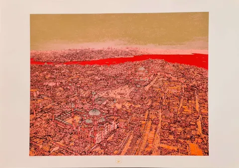 "İstanbul Mavi Şehir" eseri DEVRİM ERBİL tarafından 2023 yılında 70x100 cm ölçülerinde Serigrafi tekniği ile yapılmıştır.