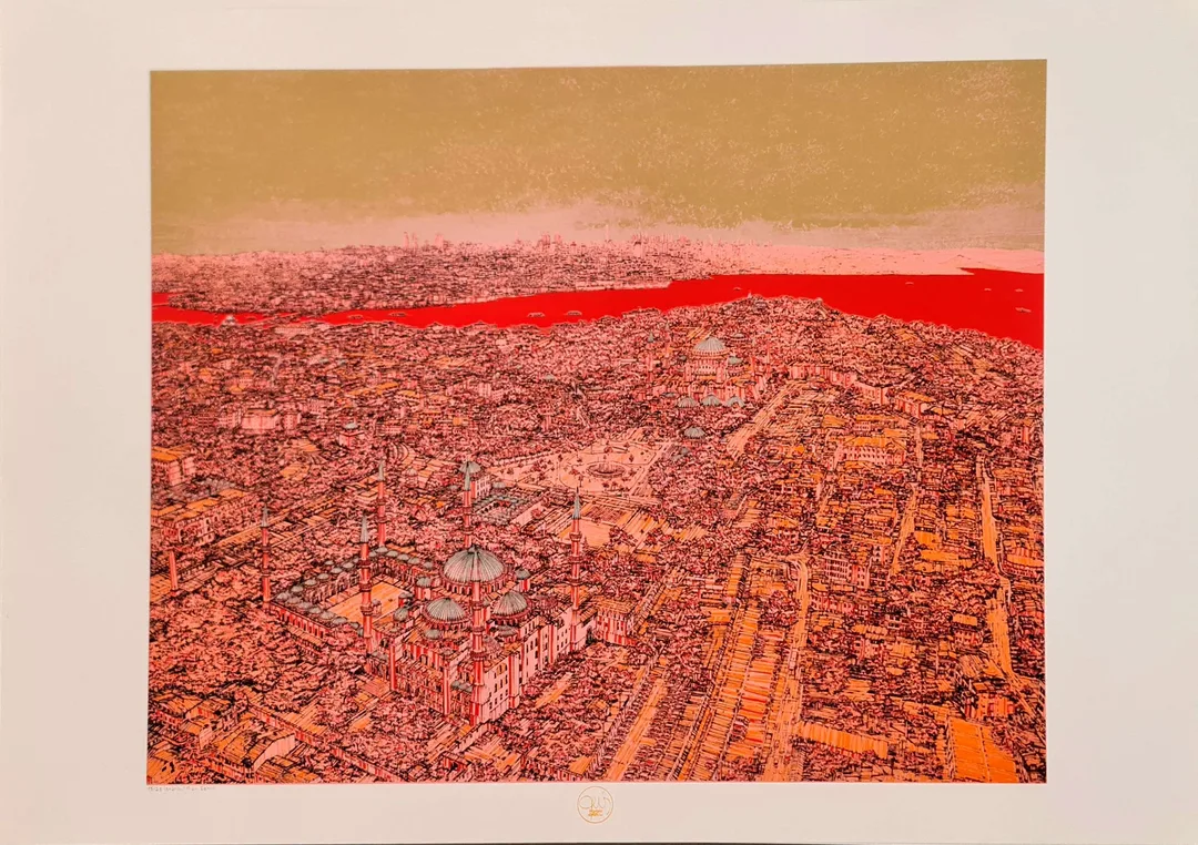 "İstanbul Mavi Şehir" eseri DEVRİM ERBİL tarafından 2023 yılında 70x100 cm ölçülerinde Serigrafi tekniği ile yapılmıştır.