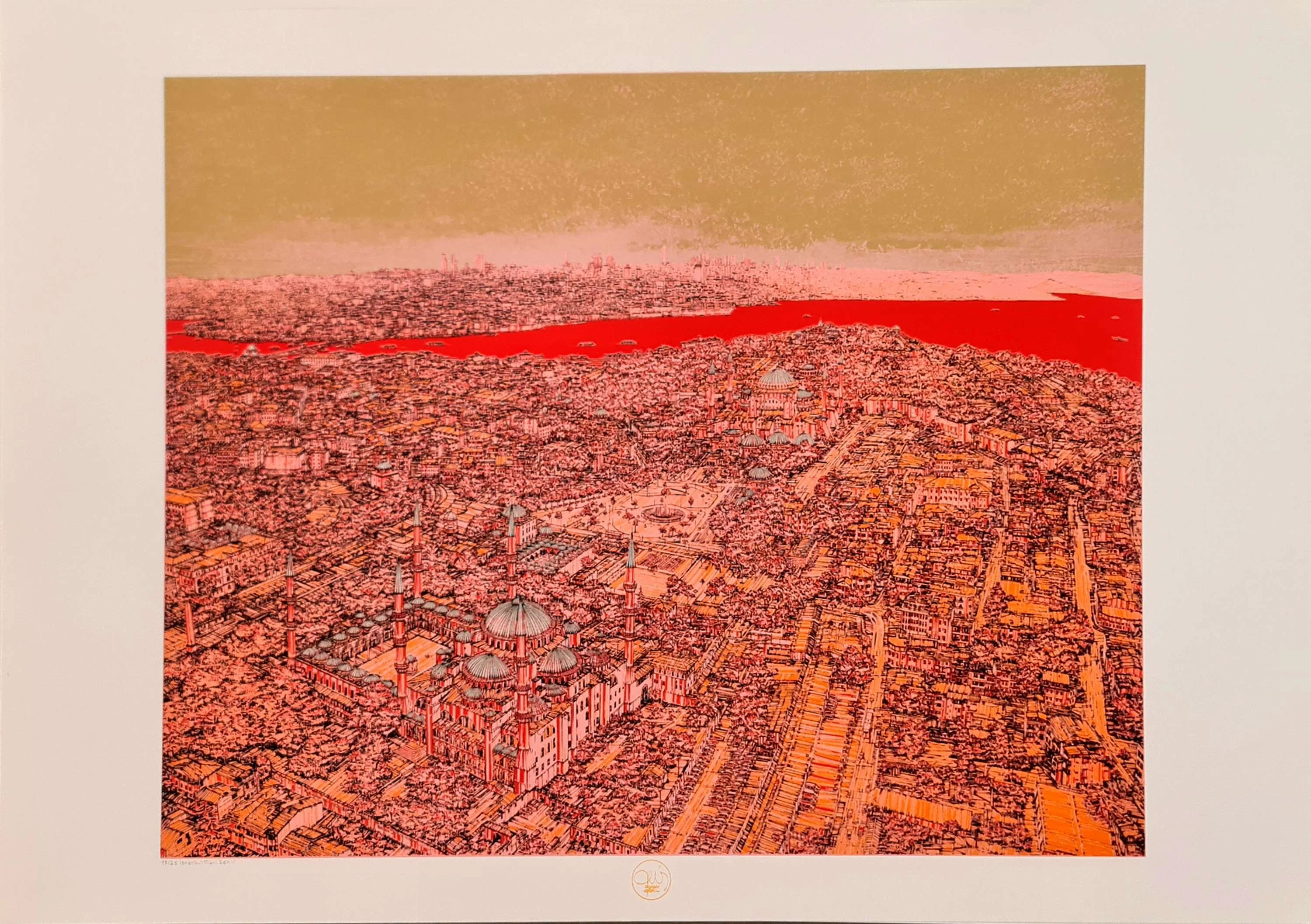 "İstanbul Mavi Şehir" eseri DEVRİM ERBİL tarafından 2023 yılında 70x100 cm ölçülerinde Serigrafi tekniği ile yapılmıştır.