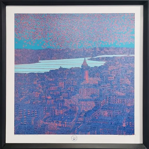 "İstanbul Galata'ya Bakış - Kuşlar (E)" eseri DEVRİM ERBİL tarafından 2023 yılında 70x70 cm ölçülerinde Serigrafi tekniği ile yapılmıştır.