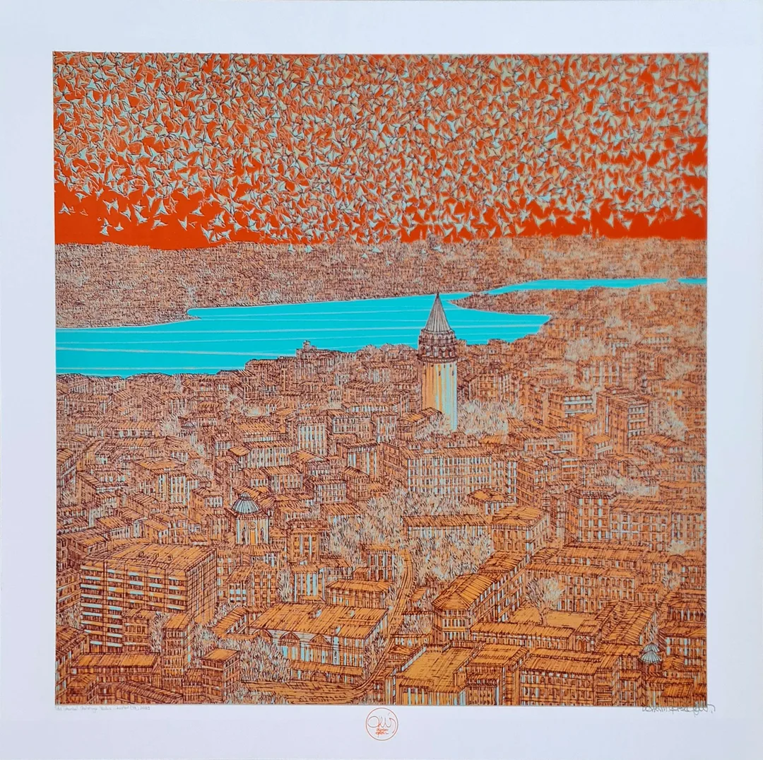 yakınlaştır "İstanbul Galata'ya Bakış - Kuşlar (B)" eseri DEVRİM ERBİL tarafından 2023 yılında 70x70 cm ölçülerinde Serigrafi tekniği ile yapılmıştır.