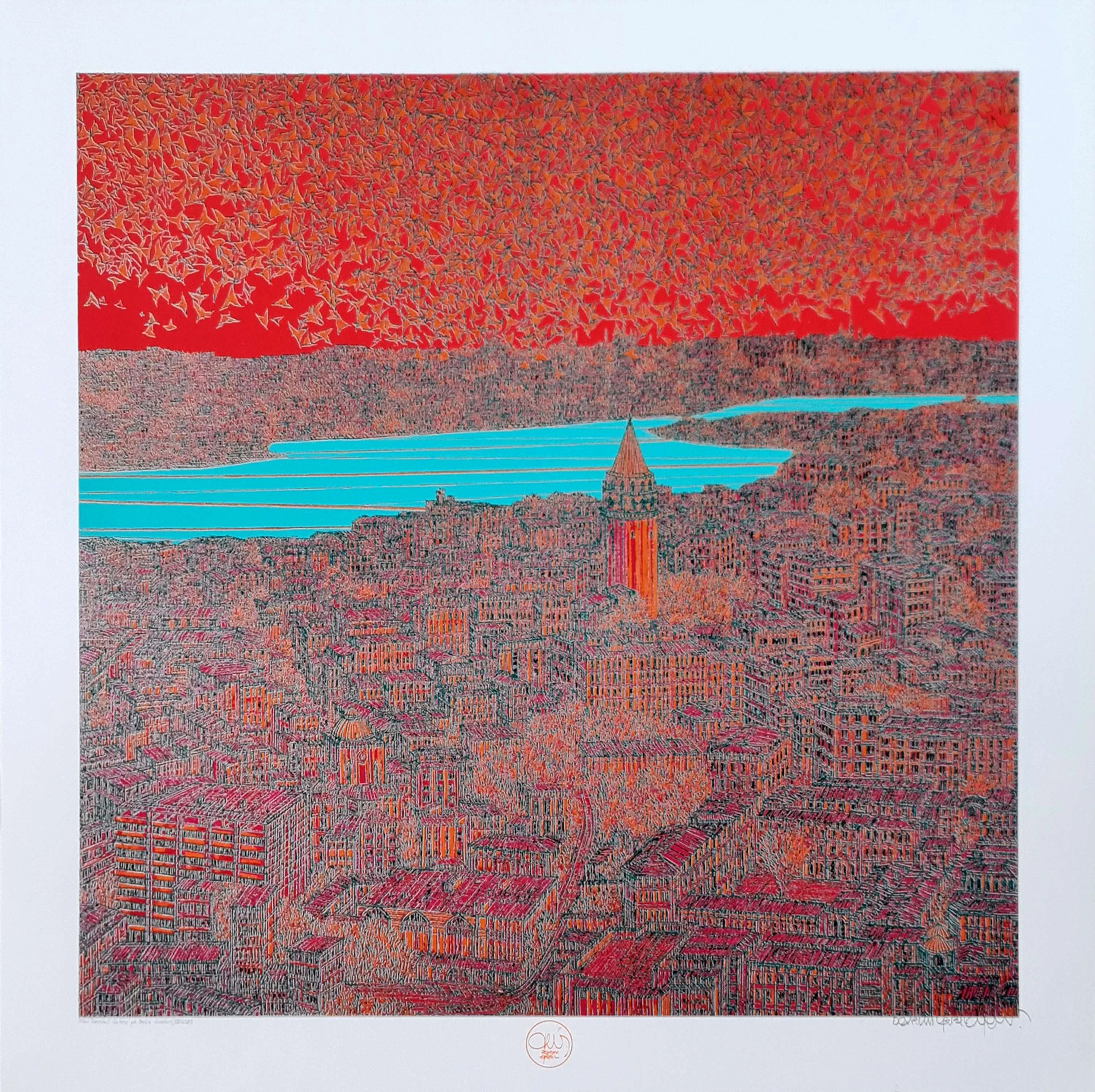 "İstanbul Galata'ya Bakış - Kuşlar (D)" eseri DEVRİM ERBİL tarafından 2023 yılında 70x70 cm ölçülerinde Serigrafi tekniği ile yapılmıştır.