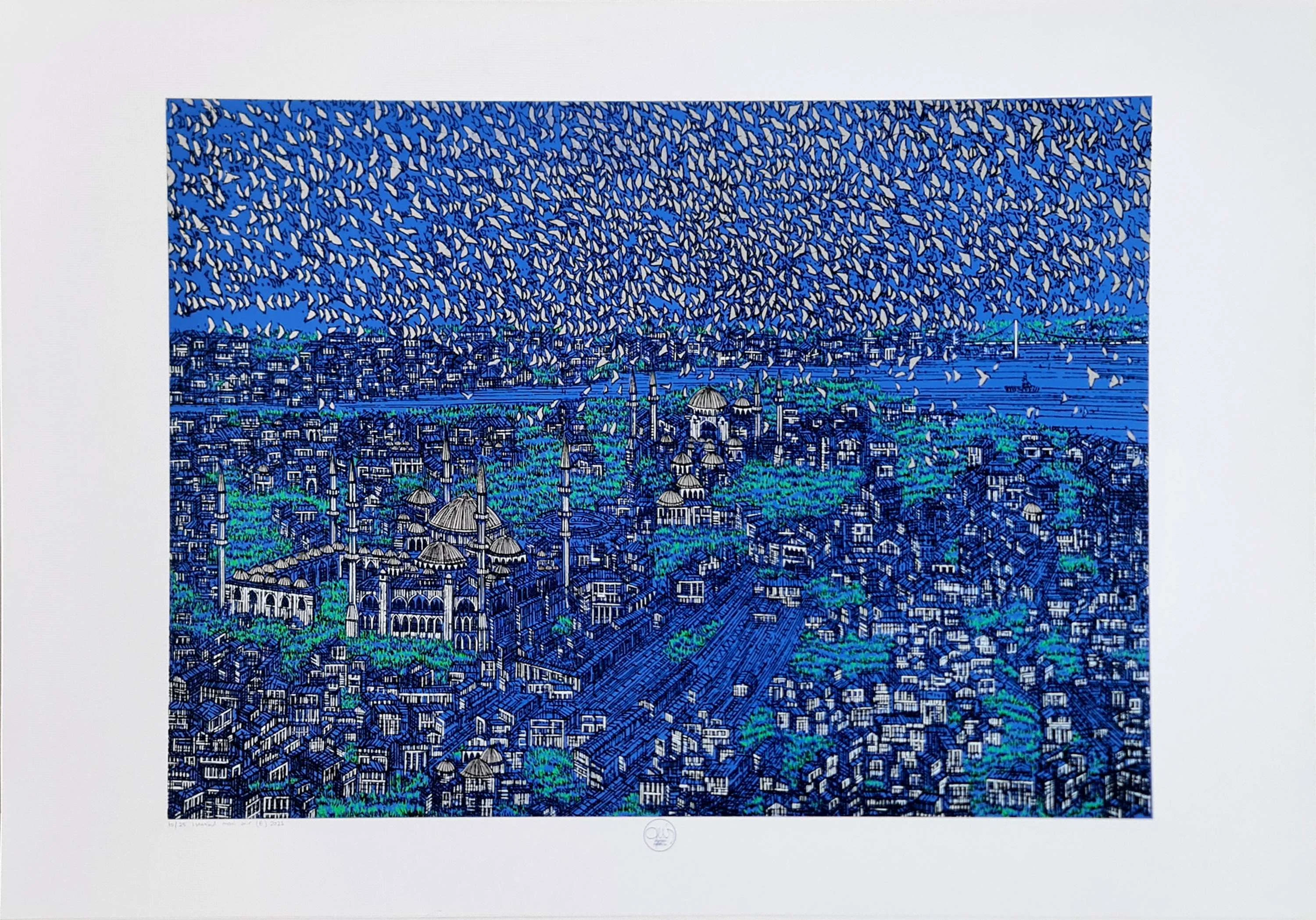 "İstanbul Mavi Şehir (E)" eseri DEVRİM ERBİL tarafından 2023 yılında 70x100 cm ölçülerinde Serigrafi tekniği ile yapılmıştır.