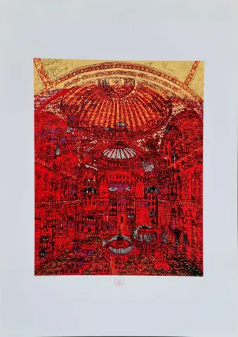 "Ayasofya'nın Gizemi (B)" eseri DEVRİM ERBİL tarafından 2023 yılında 100x70 cm ölçülerinde Serigrafi tekniği ile yapılmıştır.