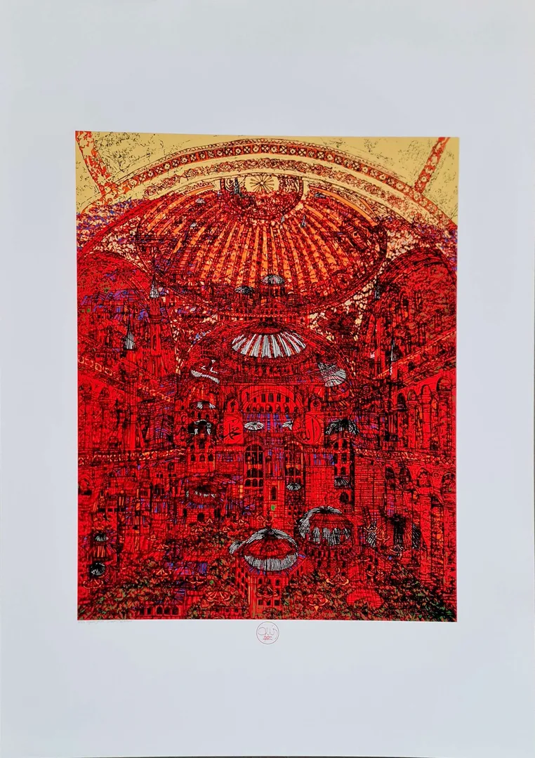 yakınlaştır "Ayasofya'nın Gizemi (B)" eseri DEVRİM ERBİL tarafından 2023 yılında 100x70 cm ölçülerinde Serigrafi tekniği ile yapılmıştır.