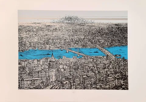 "İstanbul Galata ve Haliç" eseri DEVRİM ERBİL tarafından 2023 yılında 70x100 cm ölçülerinde Serigrafi tekniği ile yapılmıştır.