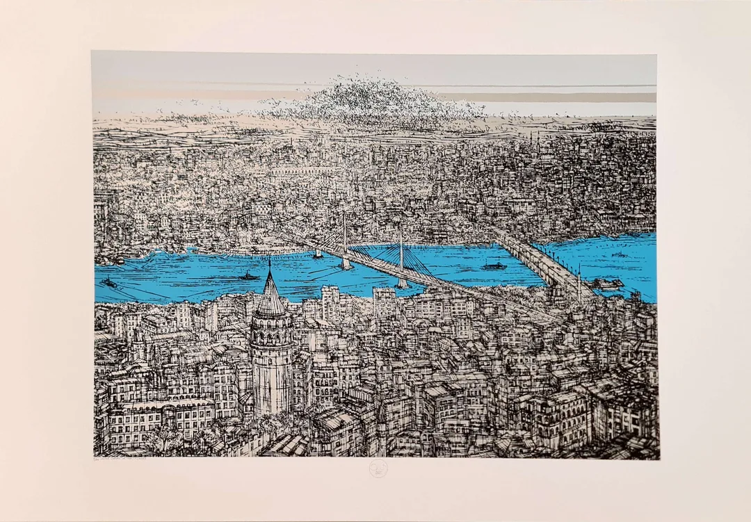 "İstanbul Galata ve Haliç" eseri DEVRİM ERBİL tarafından 2023 yılında 70x100 cm ölçülerinde Serigrafi tekniği ile yapılmıştır.