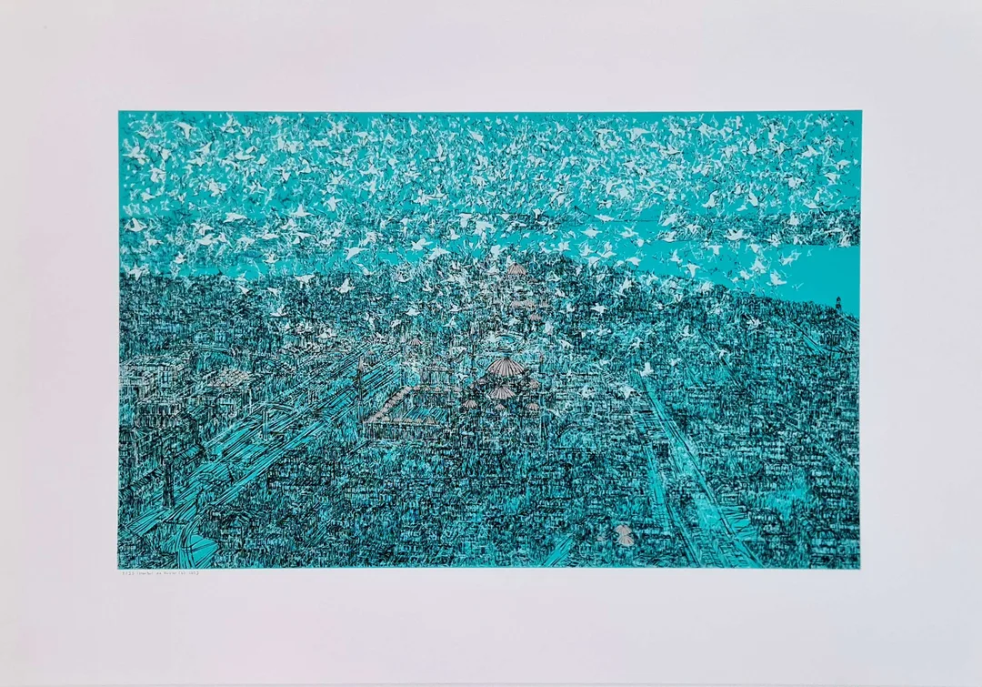 "İstanbul'da Kuşlar (B)" eseri DEVRİM ERBİL tarafından 2023 yılında 70x100 cm ölçülerinde Serigrafi tekniği ile yapılmıştır.
