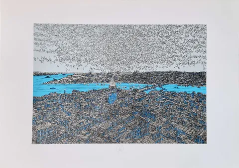"Galata'da Kuş Esintisi (C)" eseri DEVRİM ERBİL tarafından 2023 yılında 70x100 cm ölçülerinde Serigrafi tekniği ile yapılmıştır.
