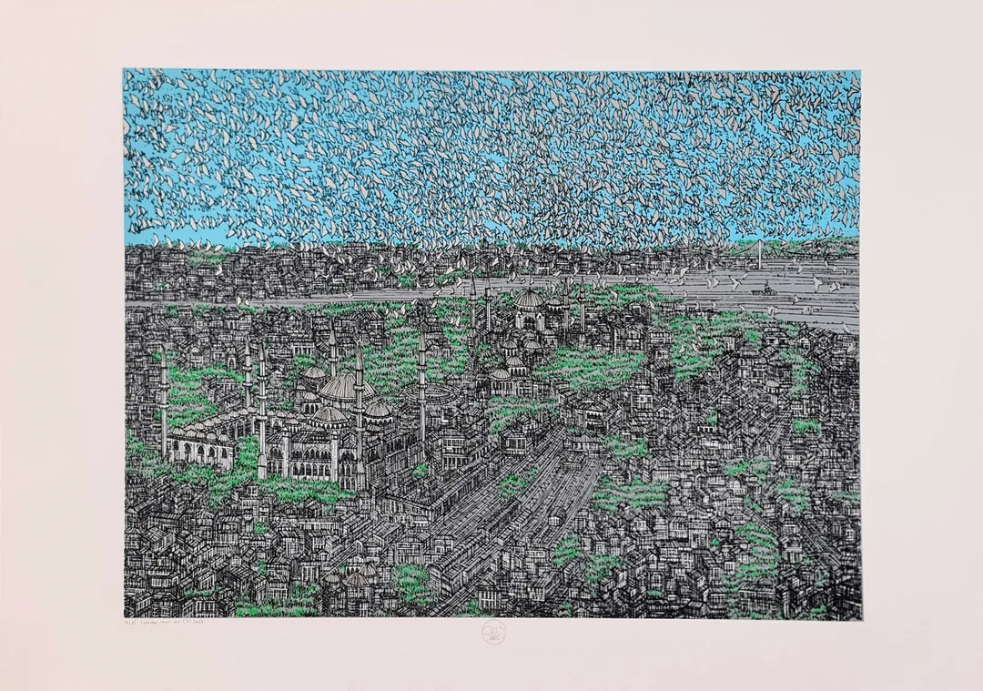 "İstanbul Mavi Şiir (D)" eseri DEVRİM ERBİL tarafından 2023 yılında 70x100 cm ölçülerinde Serigrafi tekniği ile yapılmıştır.