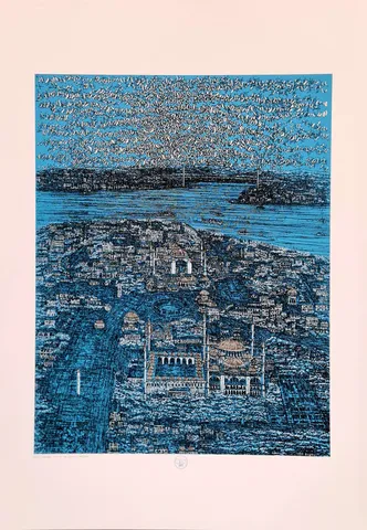 "İstanbul Kımızı ve Kuşlar (A)" eseri DEVRİM ERBİL tarafından 2023 yılında 100x70 cm ölçülerinde Serigrafi tekniği ile yapılmıştır.