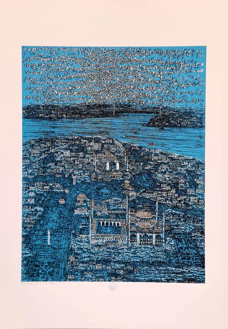 "İstanbul Kımızı ve Kuşlar (A)" eseri DEVRİM ERBİL tarafından 2023 yılında 100x70 cm ölçülerinde Serigrafi tekniği ile yapılmıştır.
