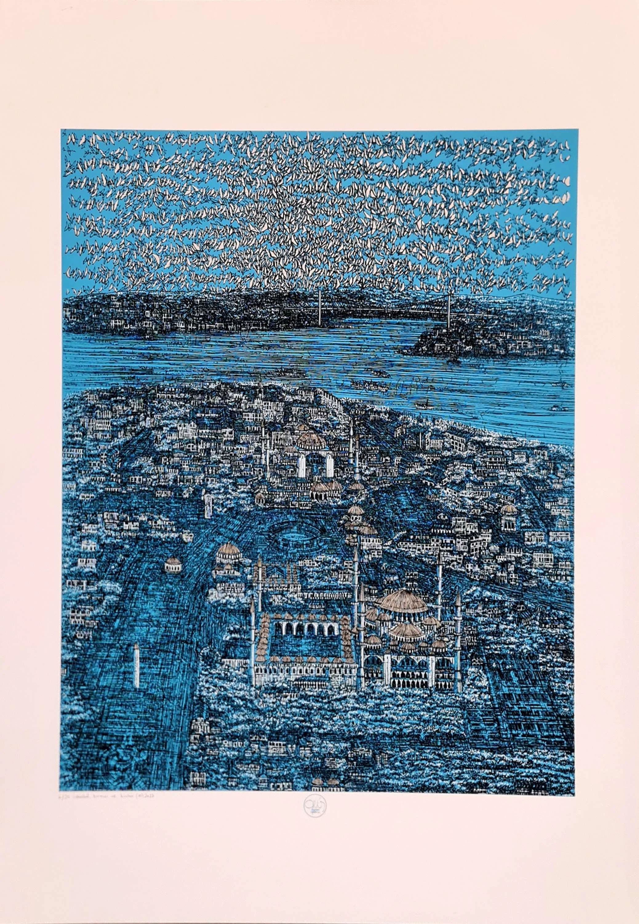 "İstanbul Kımızı ve Kuşlar (A)" eseri DEVRİM ERBİL tarafından 2023 yılında 100x70 cm ölçülerinde Serigrafi tekniği ile yapılmıştır.