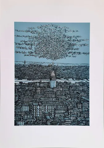 "İstanbul Galata ve Kuşlar (E)" eseri DEVRİM ERBİL tarafından 2024 yılında 100x70 cm ölçülerinde Serigrafi tekniği ile yapılmıştır.