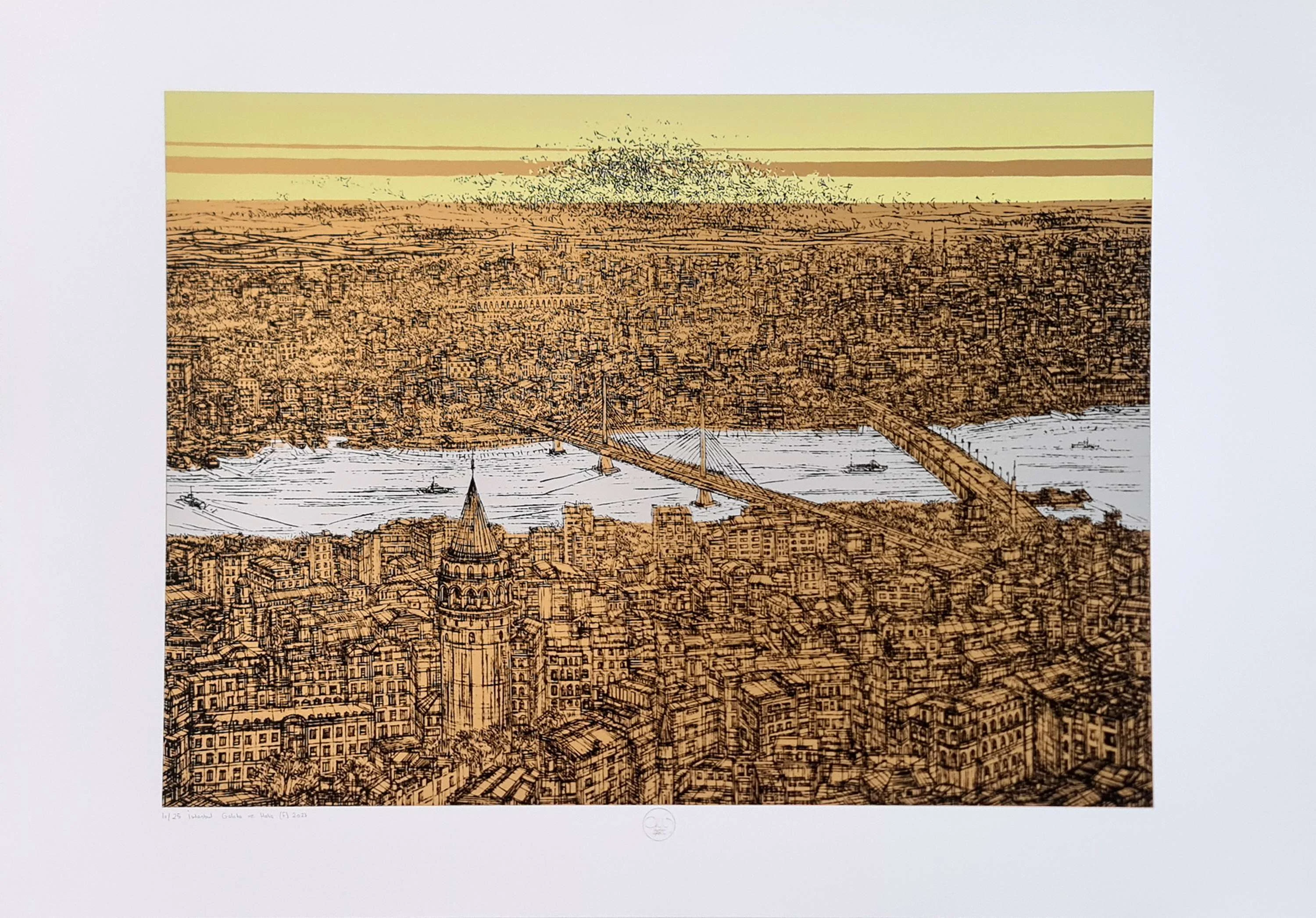 "İstanbul Galata ve Haliç (F)" eseri DEVRİM ERBİL tarafından 2024 yılında 70x100 cm ölçülerinde Serigrafi tekniği ile yapılmıştır.