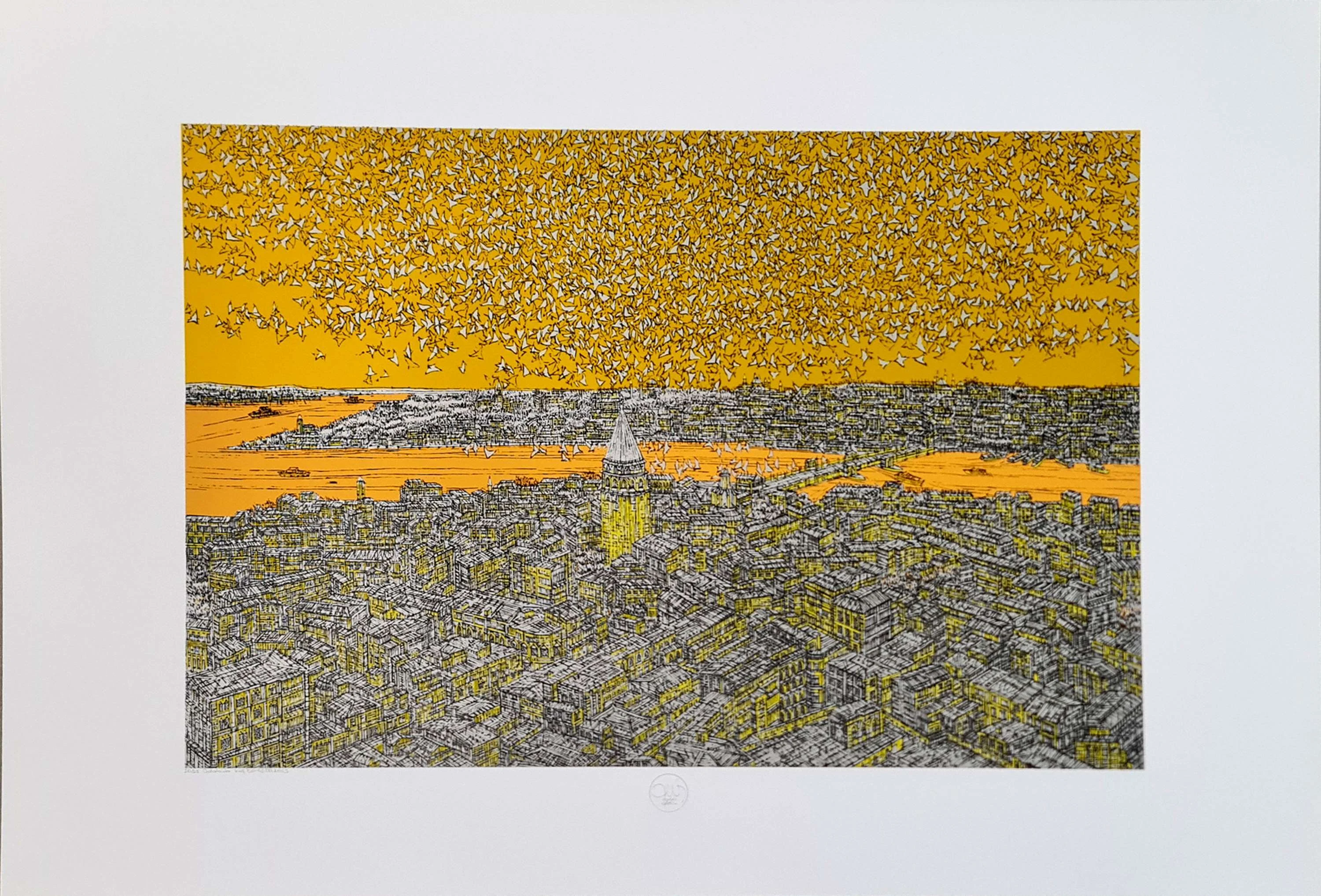 "Galata'da Kuş Esintisi (E)" eseri DEVRİM ERBİL tarafından 2023 yılında 70x100 cm ölçülerinde Serigrafi tekniği ile yapılmıştır.
