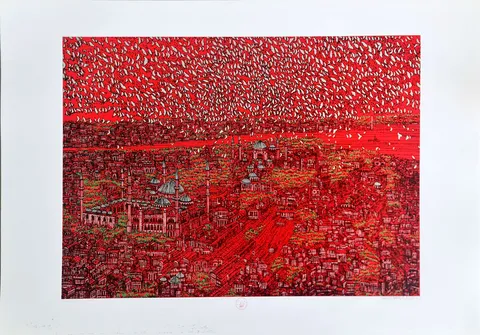 "İstanbul Mavi Şiir (D)" eseri DEVRİM ERBİL tarafından 2023 yılında 70x100 cm ölçülerinde Serigrafi tekniği ile yapılmıştır.