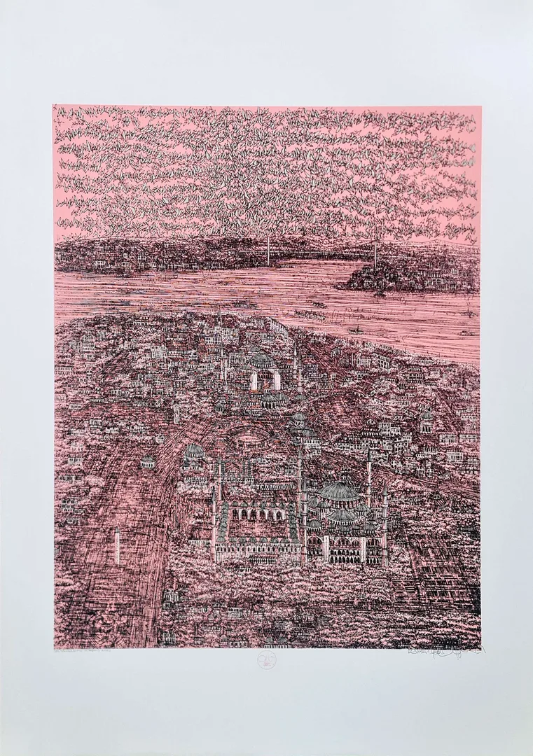 "İstanbul, Kırmızı ve kuşlar (C)" eseri DEVRİM ERBİL tarafından 2023 yılında 100x70 cm ölçülerinde Serigrafi tekniği ile yapılmıştır.