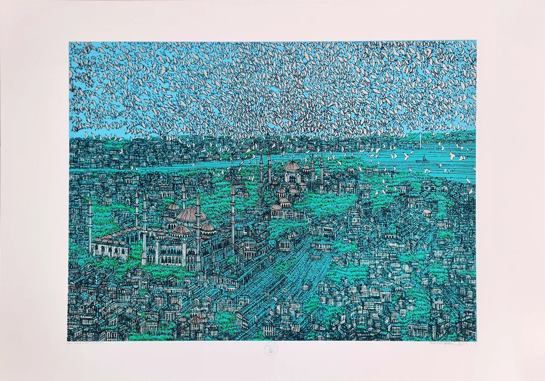 yakınlaştır "İstanbul Mavi Şiir (C)" eseri DEVRİM ERBİL tarafından 2023 yılında 70x100 cm ölçülerinde Serigrafi tekniği ile yapılmıştır.