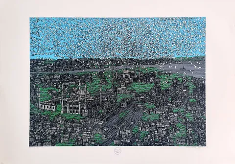 "İstanbul Mavi Şiir (B)" eseri DEVRİM ERBİL tarafından 2023 yılında 70x100 cm ölçülerinde Serigrafi tekniği ile yapılmıştır.