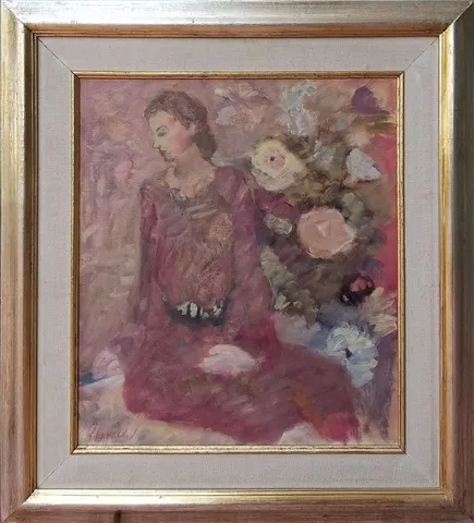 "Kadın ve Çiçek" eseri DURAN KARACA tarafından 1993 yılında 42x37 cm ölçülerinde Tuval üzeri yağlı boya tekniği ile yapılmıştır.