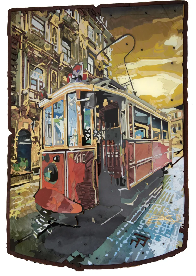 "Tramvay" eseri EMRE LÜLE tarafından 2016 yılında 100x70 cm ölçülerinde Poliplastik tekniği ile yapılmıştır.