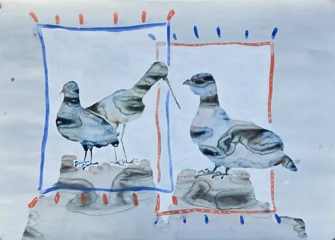"Kuşlar" eseri ERDAL AYGENÇ tarafından 1989 yılında 70x100 cm ölçülerinde Kağıt üzeri sulu boya tekniği ile yapılmıştır.