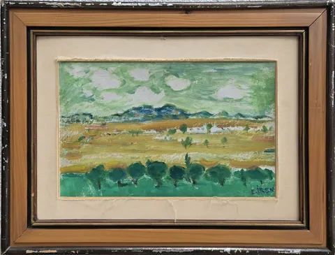"Peyzaj" eseri EŞREF ÜREN tarafından 29x42 cm ölçülerinde Duralit üzeri yağlı boya tekniği ile yapılmıştır.