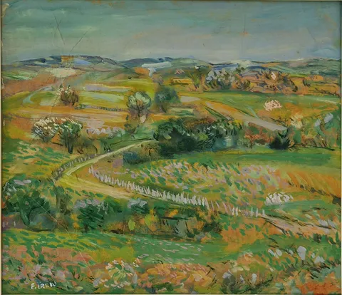 "Peyzaj" eseri EŞREF ÜREN tarafından 50x55 cm ölçülerinde Kağıt üzeri yağlı boya - Duralite Marufle tekniği ile yapılmıştır.