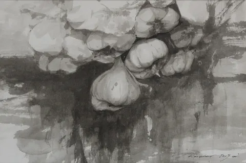 FATİH KARAKAŞ — “Sarımsaklar” "Sarımsaklar" eseri FATİH KARAKAŞ tarafından 26x16 cm ölçülerinde Kağıt üzeri sulu boya tekniği ile yapılmıştır.