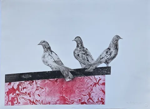 FATİH MİKA — “Güvercinler”, 2008 "Güvercinler" eseri FATİH MİKA tarafından 2008 yılında 60x80 cm ölçülerinde Gravür tekniği ile yapılmıştır.