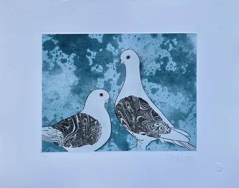 "Güvercinler" eseri FATİH MİKA tarafından 2007 yılında 40x50 cm ölçülerinde Gravür tekniği ile yapılmıştır.