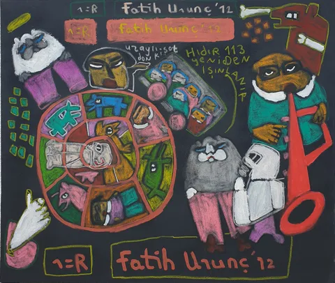 "İsimsiz" eseri FATİH URUNÇ tarafından 2012 yılında 85x100 cm ölçülerinde Tuval üzeri karışık teknik tekniği ile yapılmıştır.