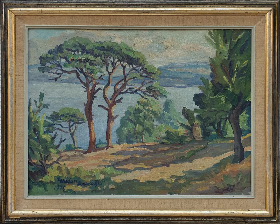 "İsimsiz" eseri FERİDUN SARAÇOĞLU tarafından 1975 yılında 45x60 cm ölçülerinde Tuval üzeri yağlı boya tekniği ile yapılmıştır.
