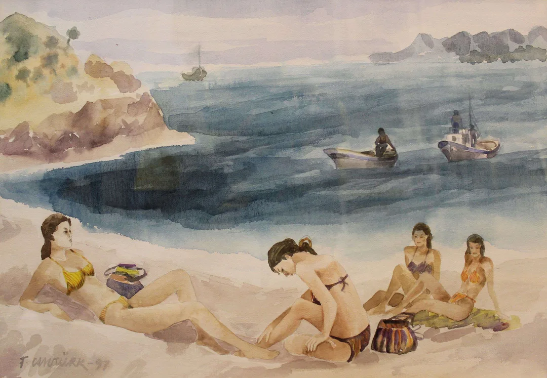 yakınlaştır "İsimsiz" eseri FİKRİ CANTÜRK tarafından 1997 yılında 32x45 cm ölçülerinde Kağıt üzeri sulu boya tekniği ile yapılmıştır.