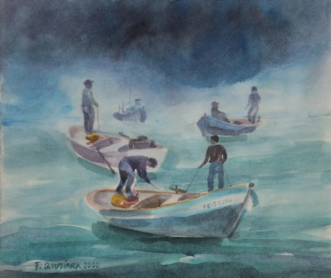 yakınlaştır "Balıkçılar" eseri FİKRİ CANTÜRK tarafından 29x35 cm ölçülerinde Kağıt üzeri sulu boya tekniği ile yapılmıştır.